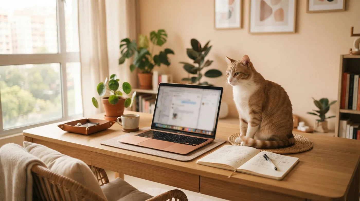 A home workspace with a cat sitting on the desk