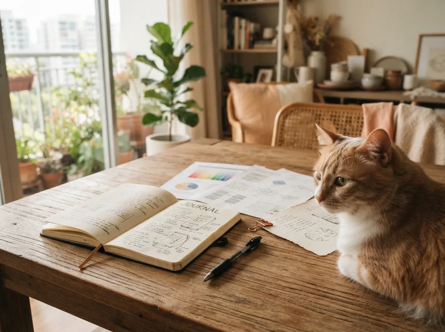 Research notes spread on a table with a cat nearby