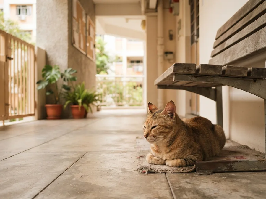 A community cat with a tipped ear resting at a void deck
