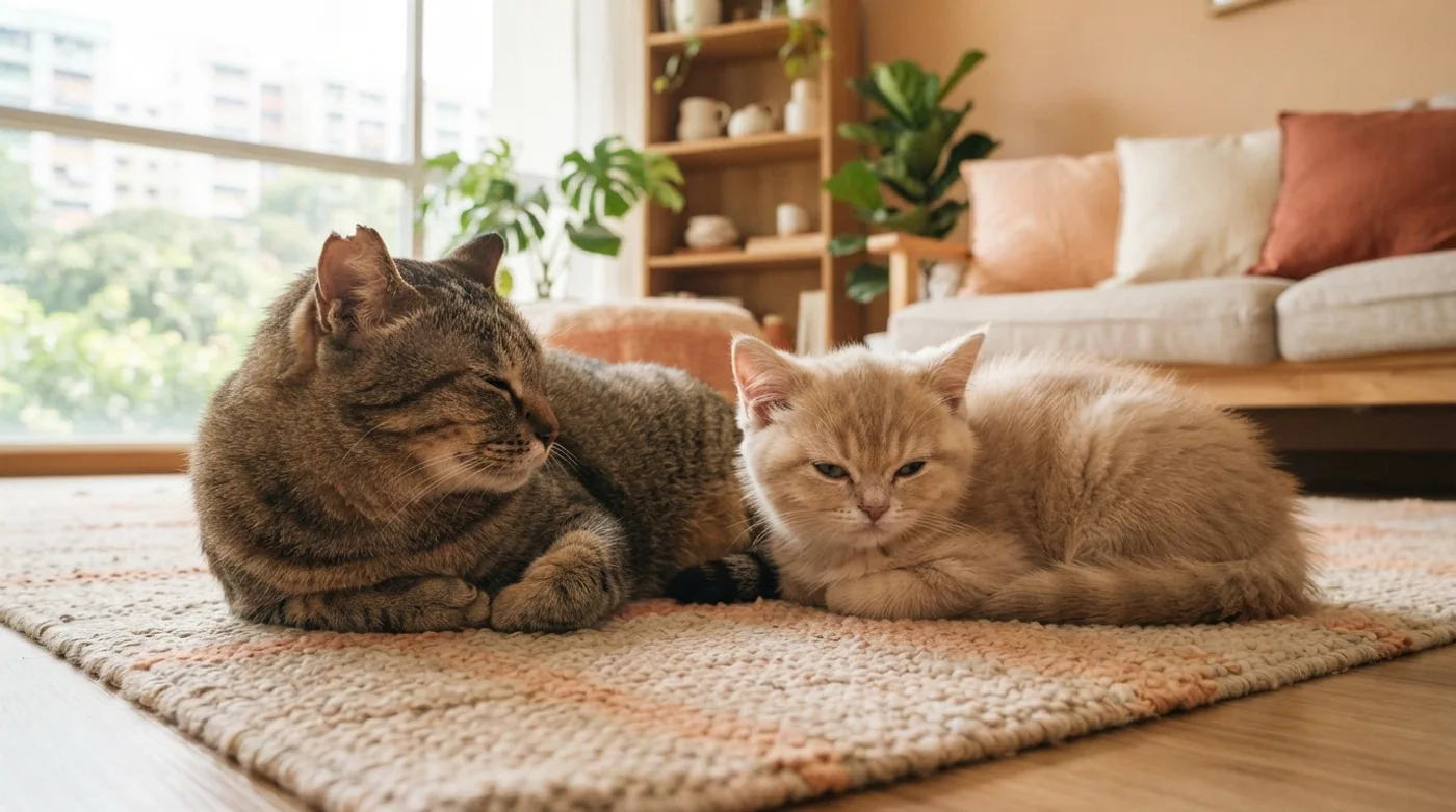 A rescued cat and a pedigree kitten resting together