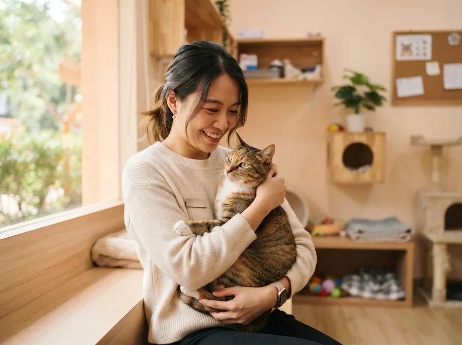 A volunteer holding a cat at an animal shelter