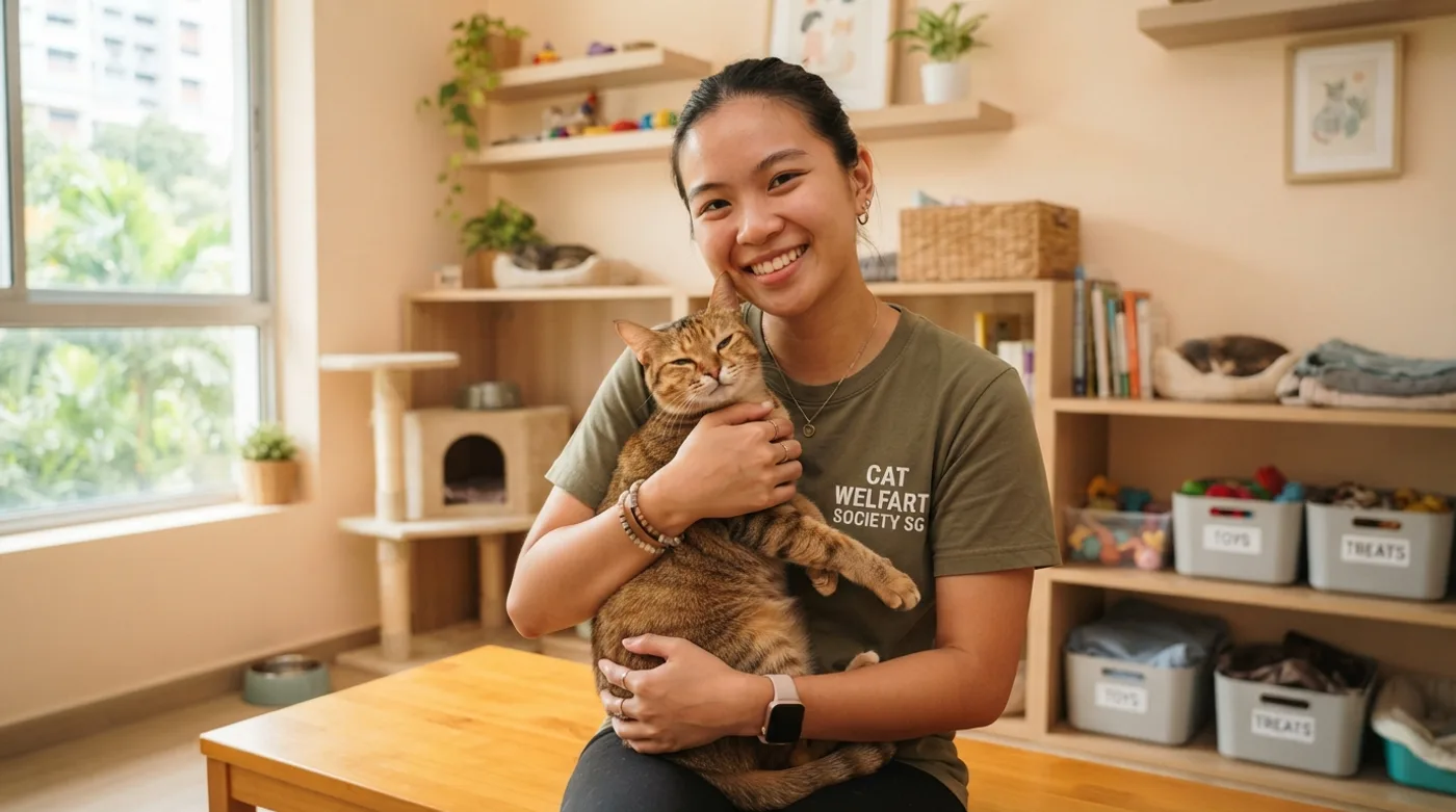A volunteer holding a rescue cat at a Singapore shelter