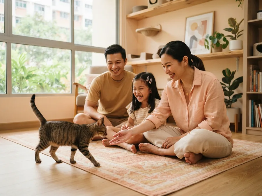 A family meeting a rescue cat at an adoption appointment