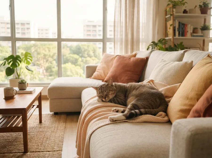A rescued cat settled comfortably in a Singapore flat