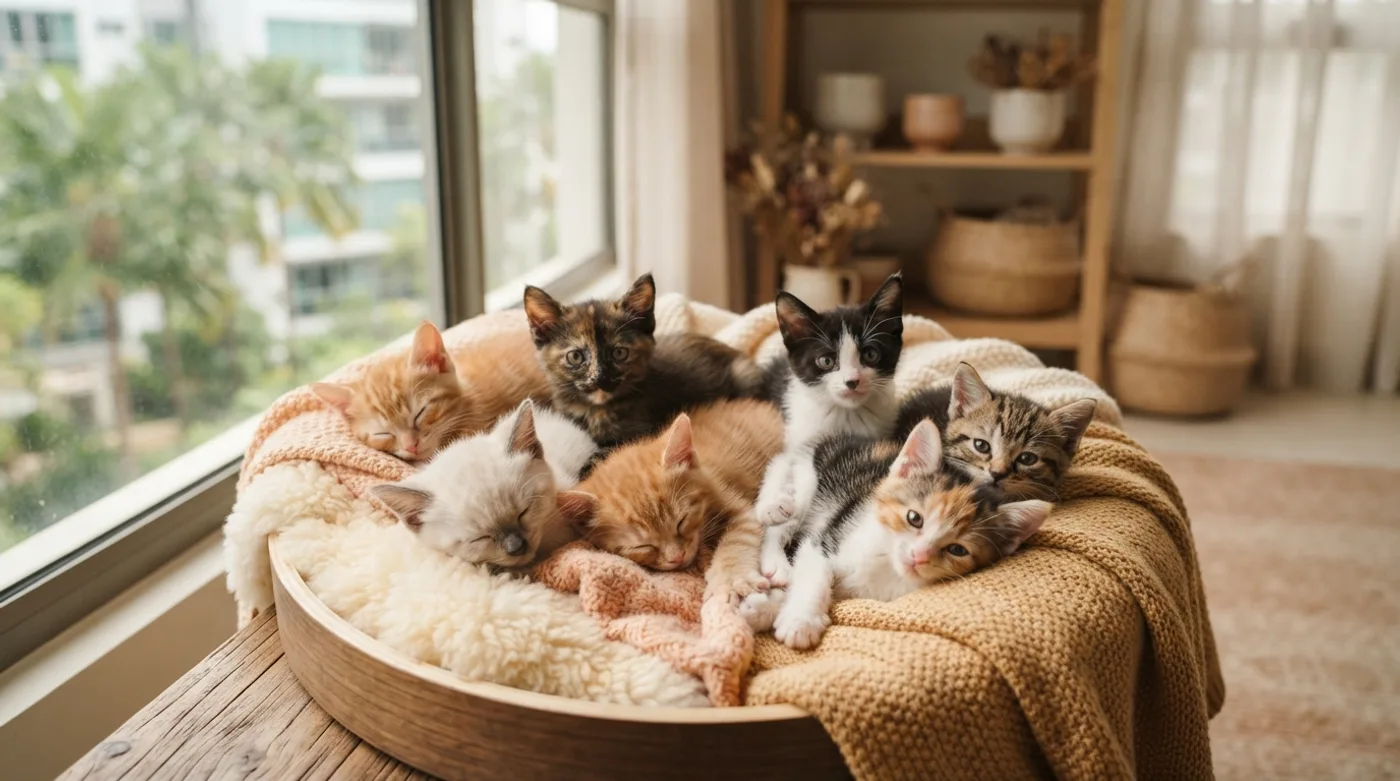 A litter of kittens in a clean, bright room