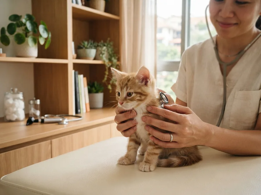 A kitten receiving a health check before going home