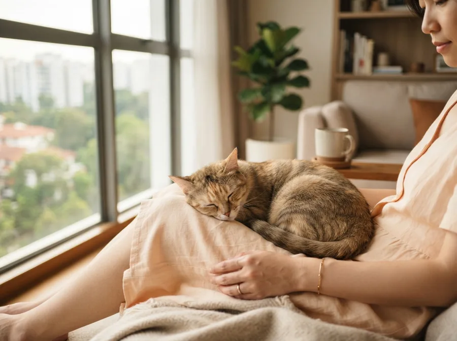 A settled adult cat sleeping on a lap