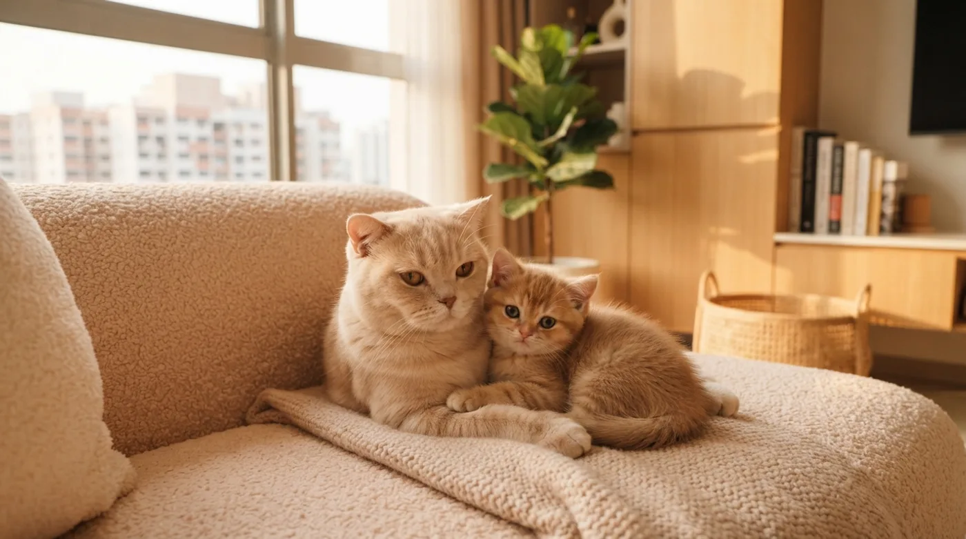 A kitten and an adult cat sitting together on a sofa