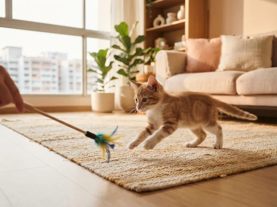 A kitten chasing a toy across a rug
