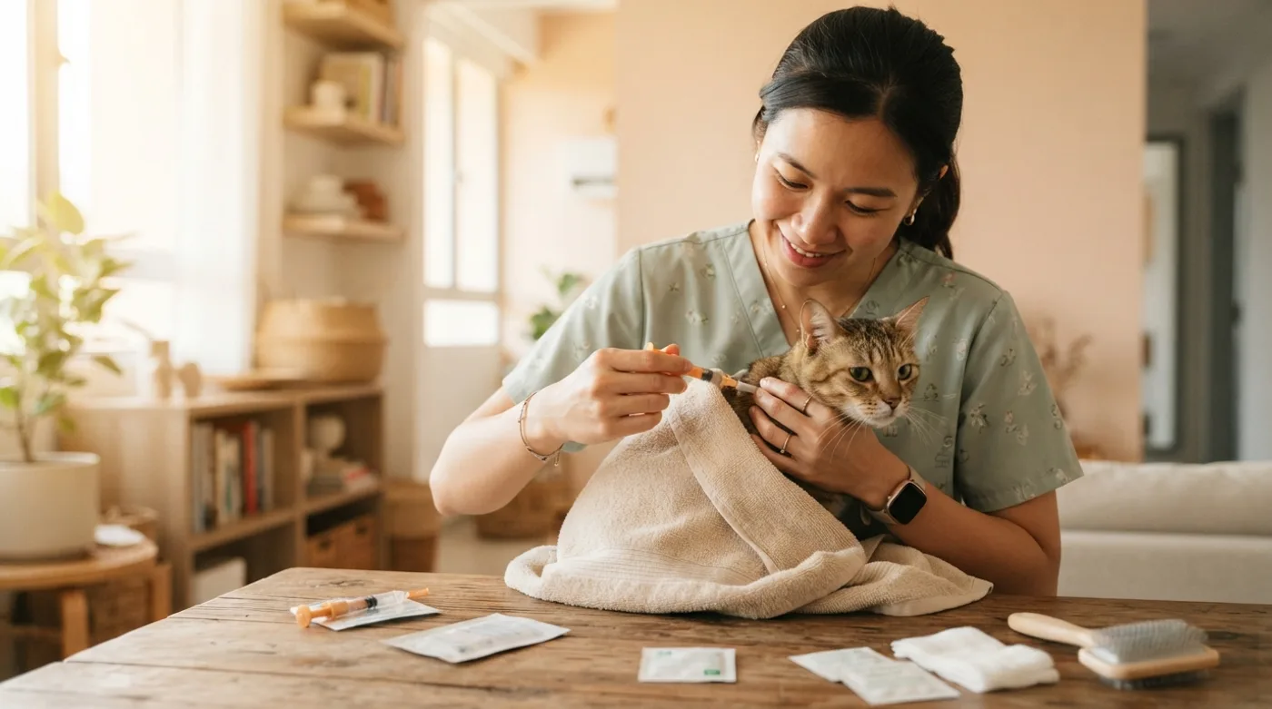 A vet preparing to microchip a cat