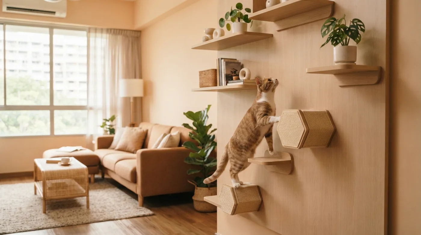 A cat climbing wall-mounted shelves in a small flat