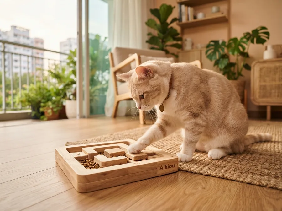 A cat using a food puzzle toy