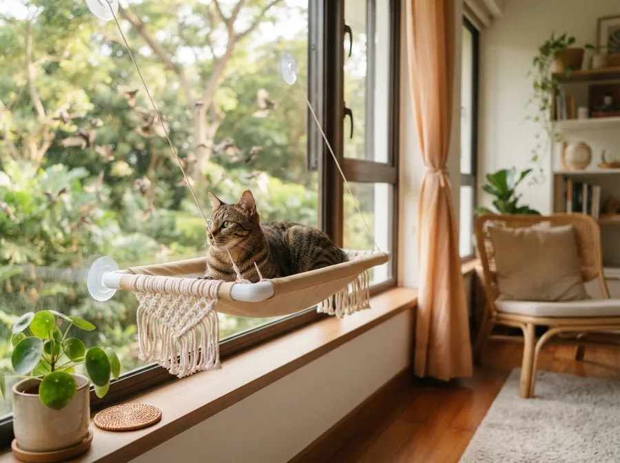 A cat on a window perch watching outside