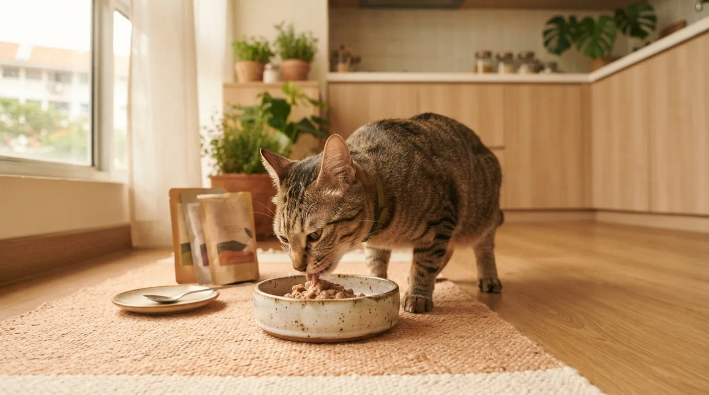 A cat eating from a ceramic bowl at home