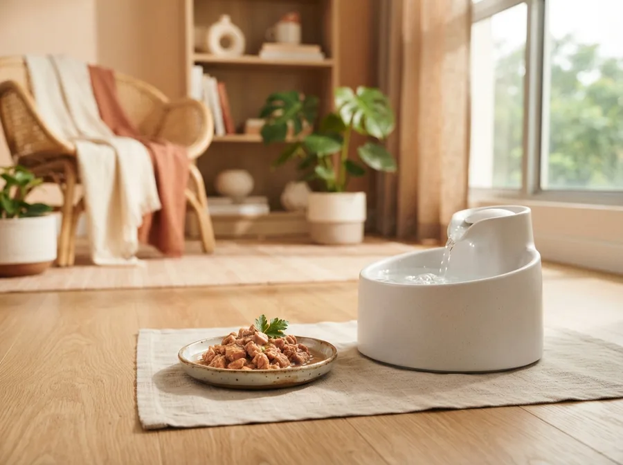 Wet cat food served beside a pet water fountain