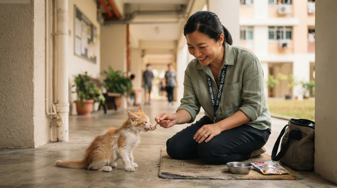 A community kitten being cared for by a volunteer