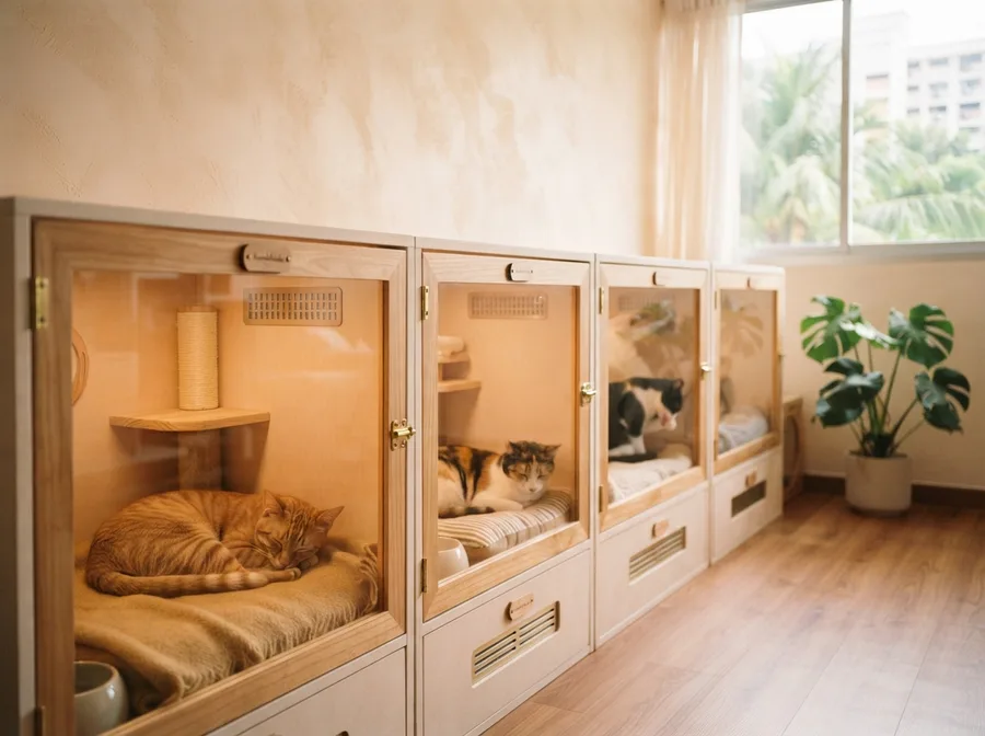 Clean shelter enclosures with resting cats