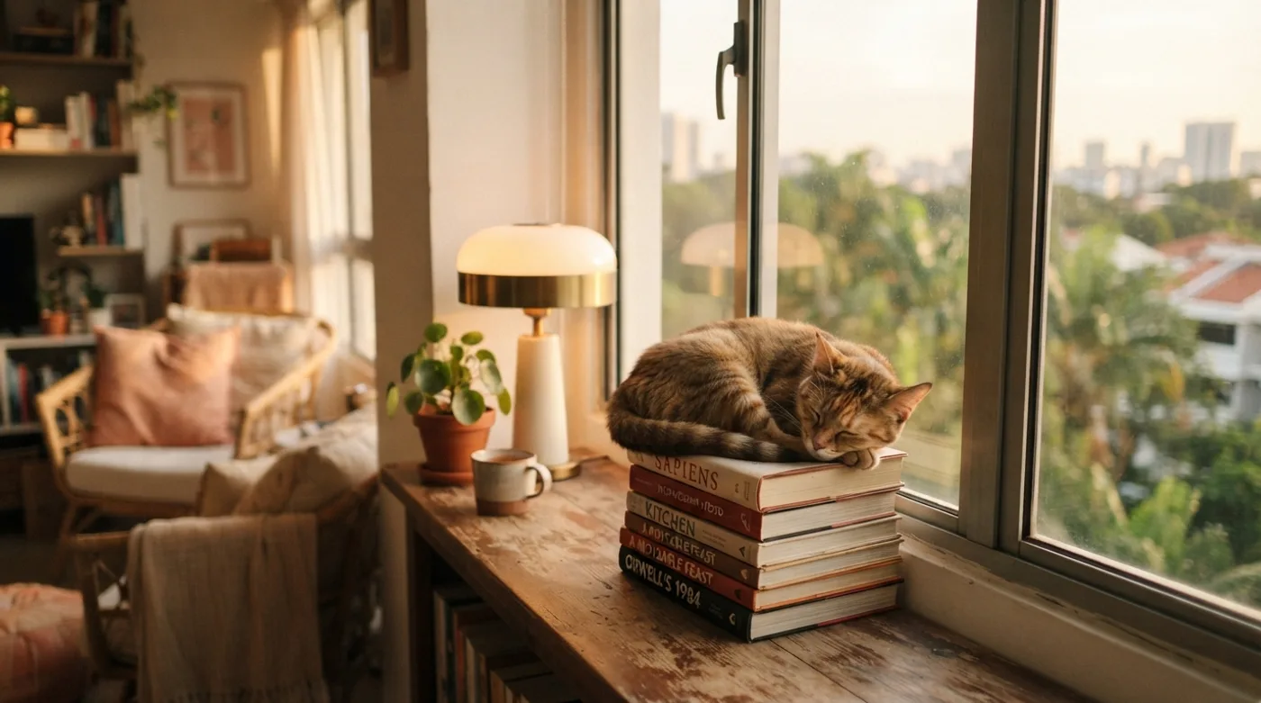 A cat curled on a stack of books by a window