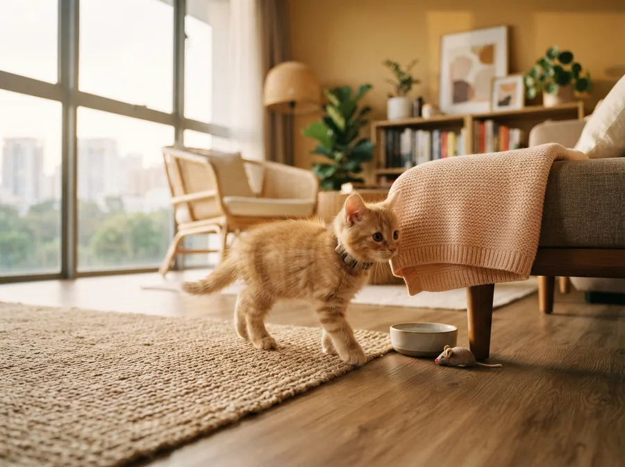 An imported kitten exploring its new home