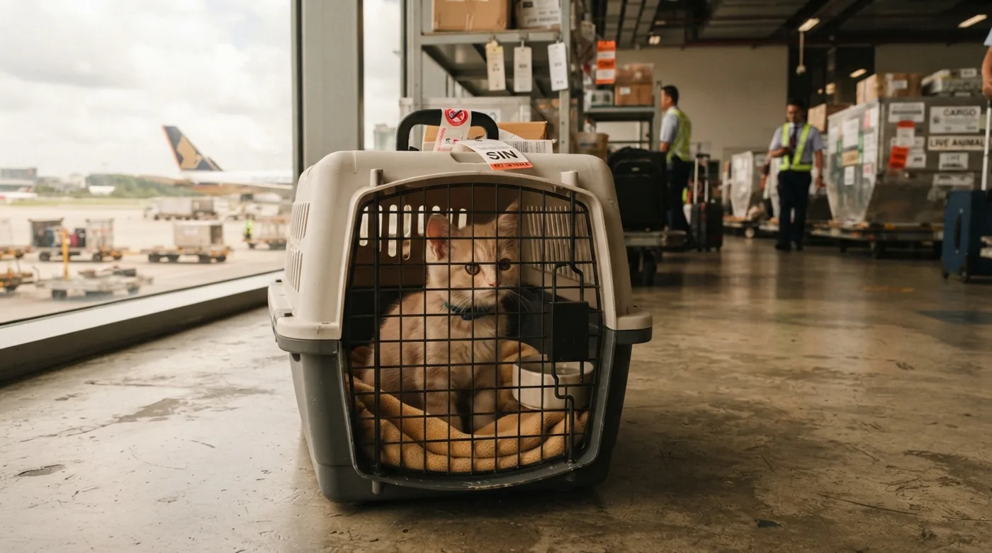 A pet travel crate with a kitten inside at an airport