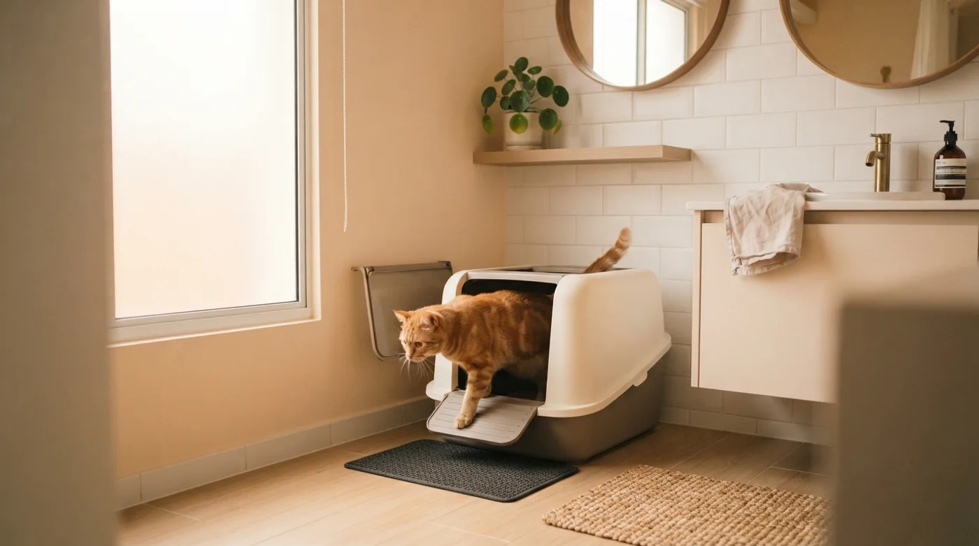 A cat stepping into a clean covered litter tray