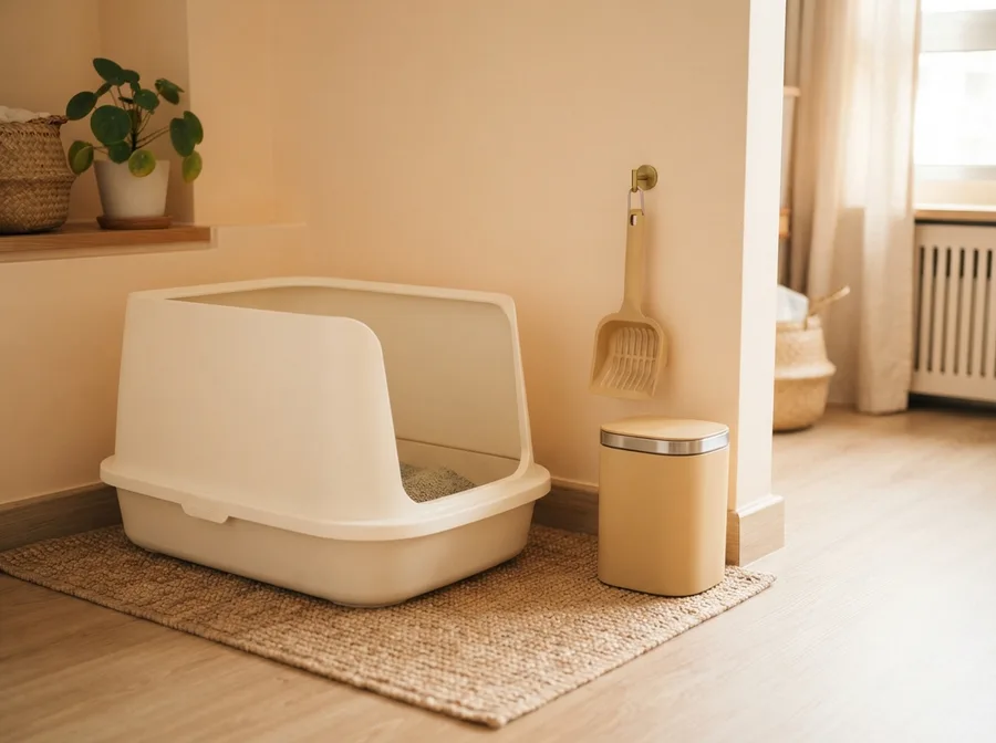 A litter scoop and bin beside a litter tray