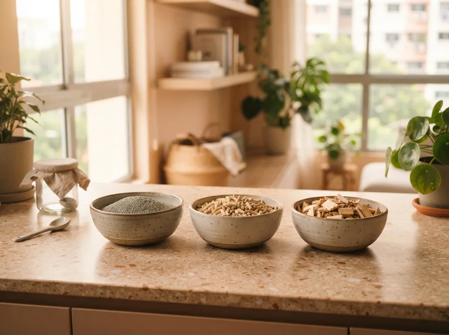 Different types of cat litter side by side