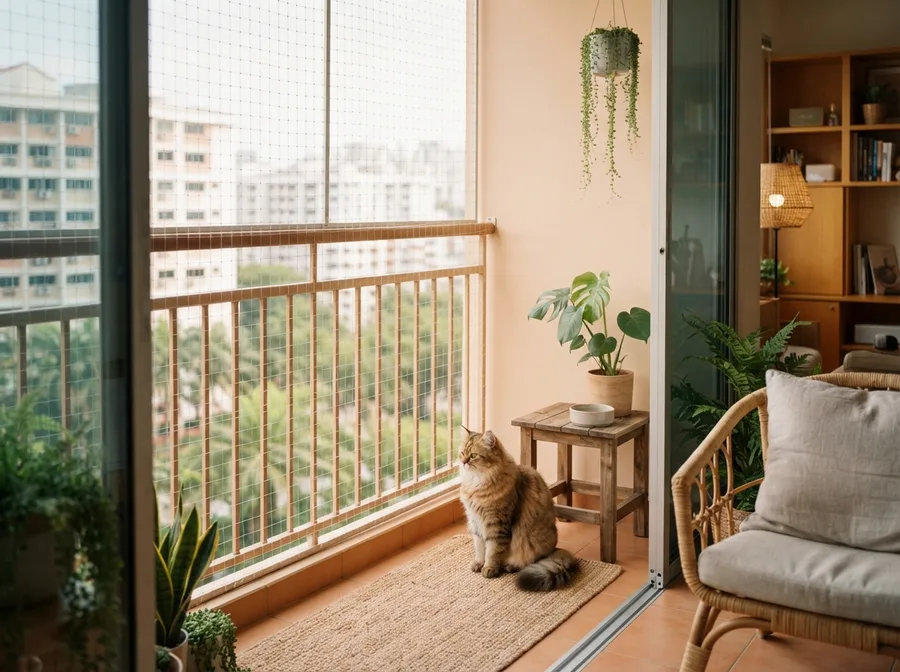 A balcony with protective netting and a cat inside