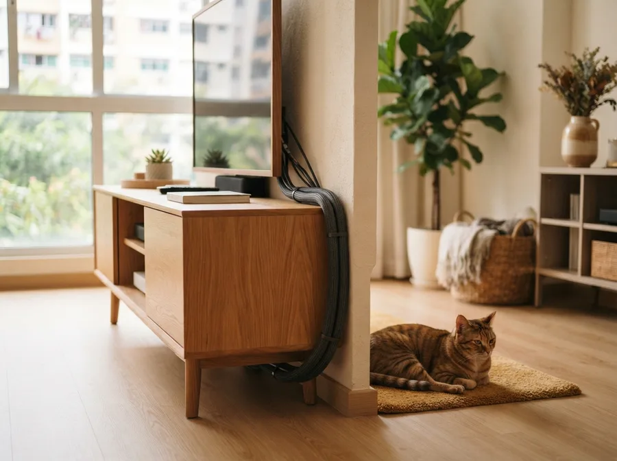 Cables tidied away safely with a cat nearby