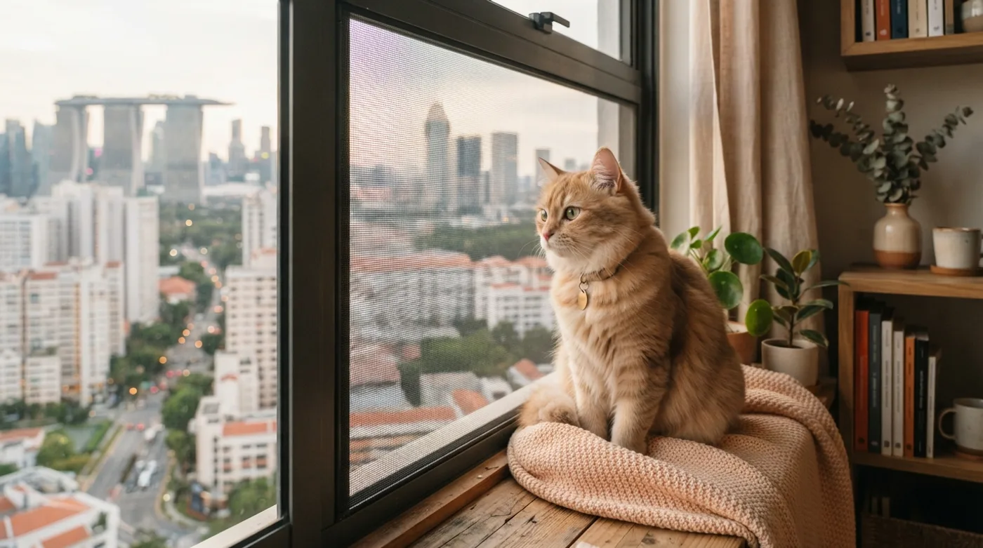 A cat safely behind a mesh-screened window