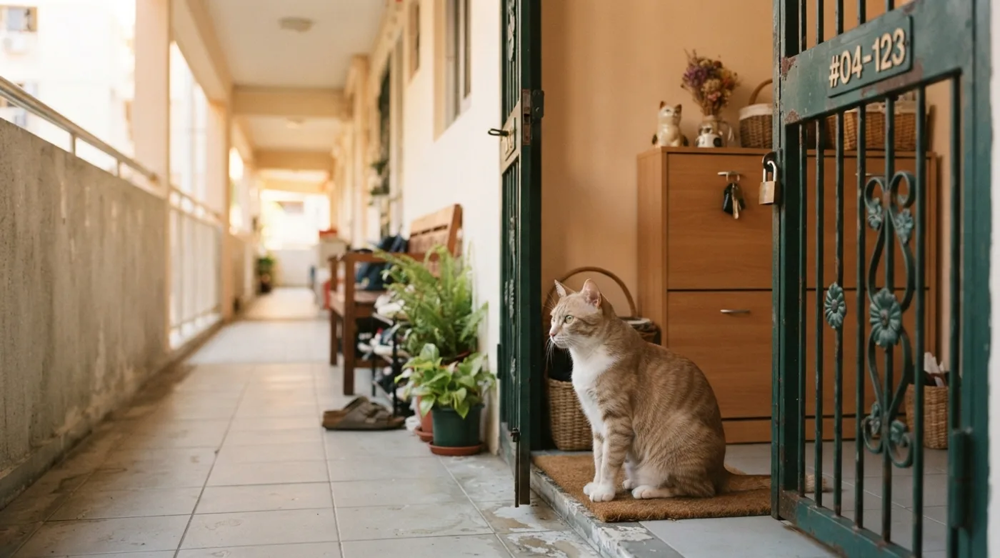 A cat sitting by the gate of an HDB flat