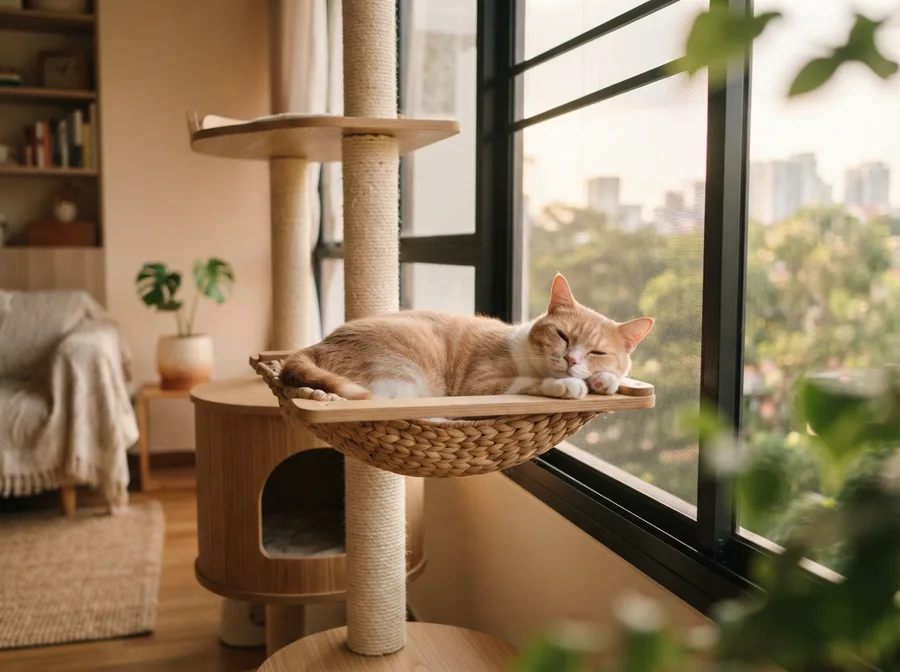 A contented indoor cat beside a screened window