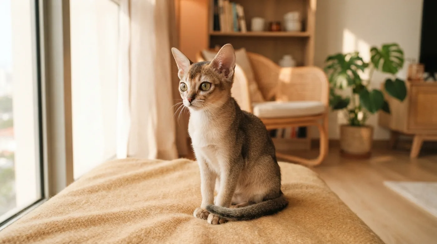 A Singapura cat sitting in warm light