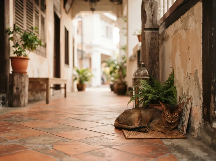 A small ticked cat resting along a shophouse walkway