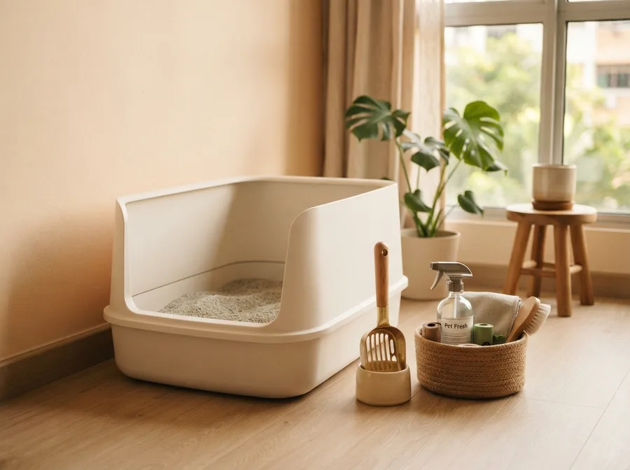 Cleaning supplies beside a spotless litter tray