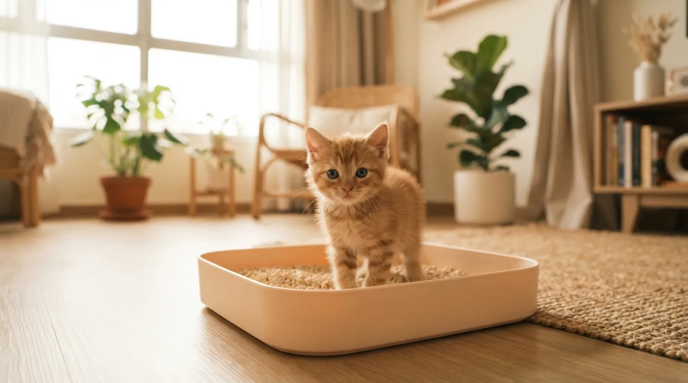 A small kitten standing in a low-sided litter tray