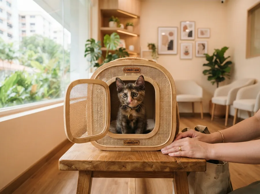 A kitten in a carrier at the clinic