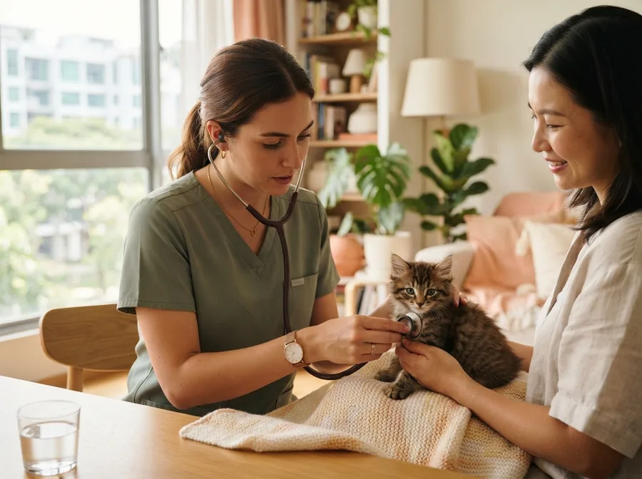 A vet examining a kitten with a stethoscope