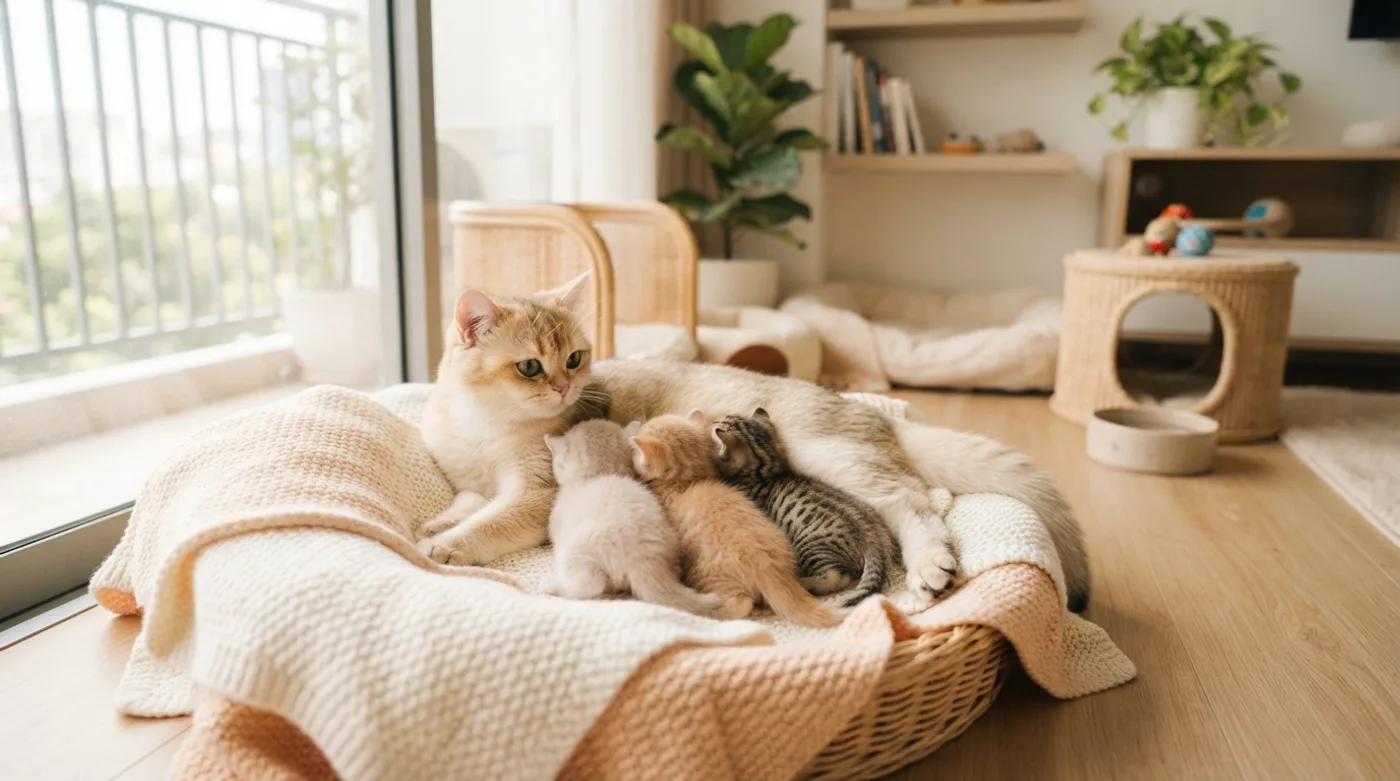 A clean home cattery with a mother cat and her kittens
