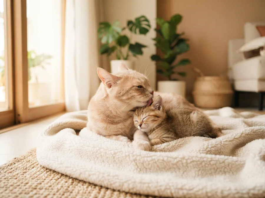 A mother cat grooming her kitten