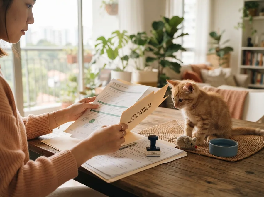 Health and vaccination records shown beside a kitten