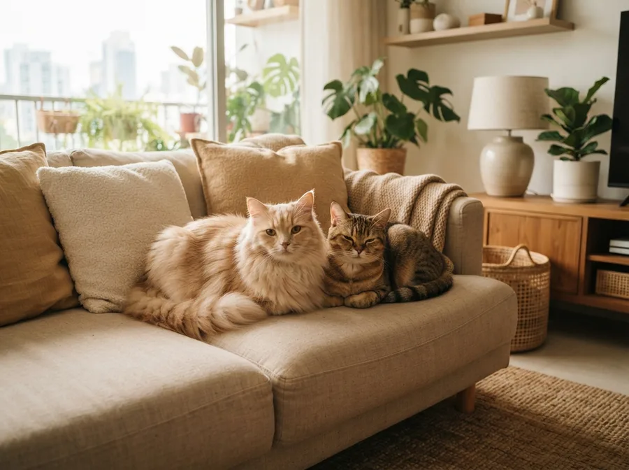 A longhaired and a shorthaired cat side by side