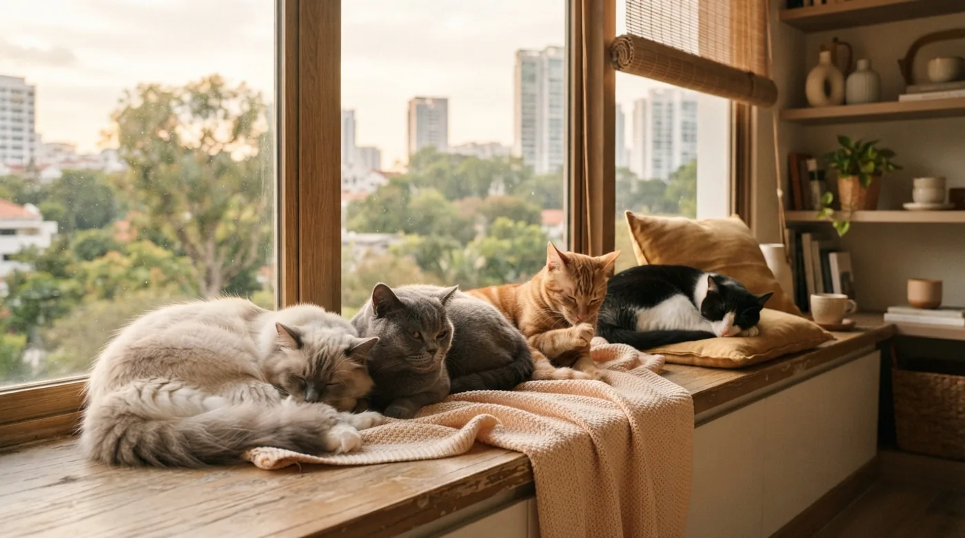 Cats of several different breeds resting on a window ledge
