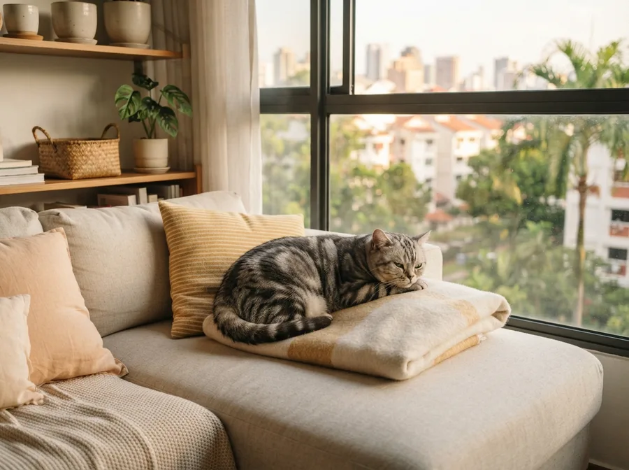 An adult American Shorthair resting on a sofa by a window