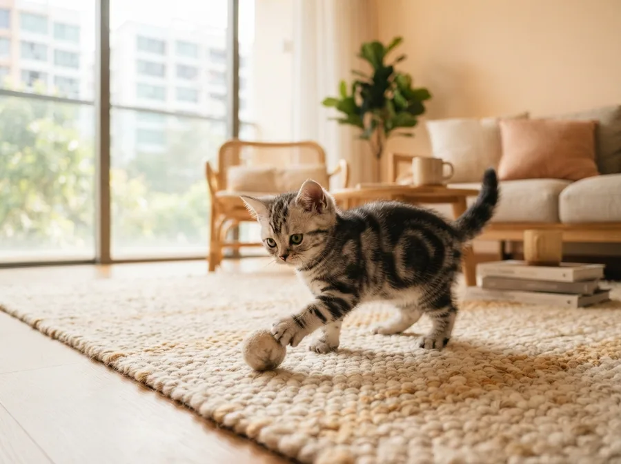 An American Shorthair kitten playing on a rug