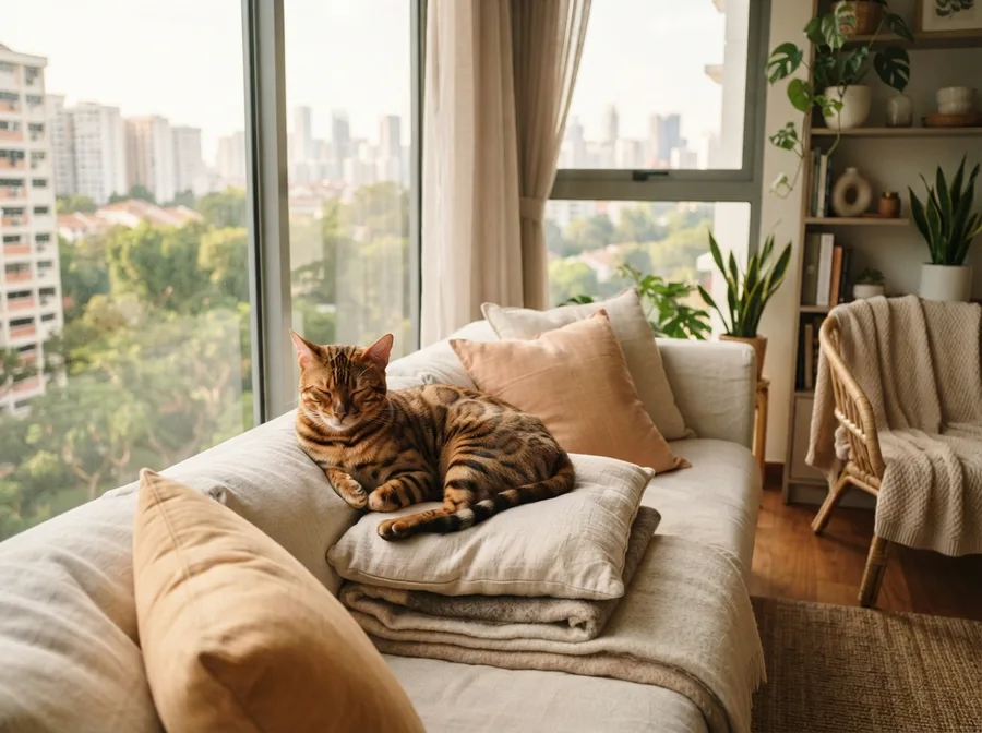 An adult Bengal resting on a sofa by a window