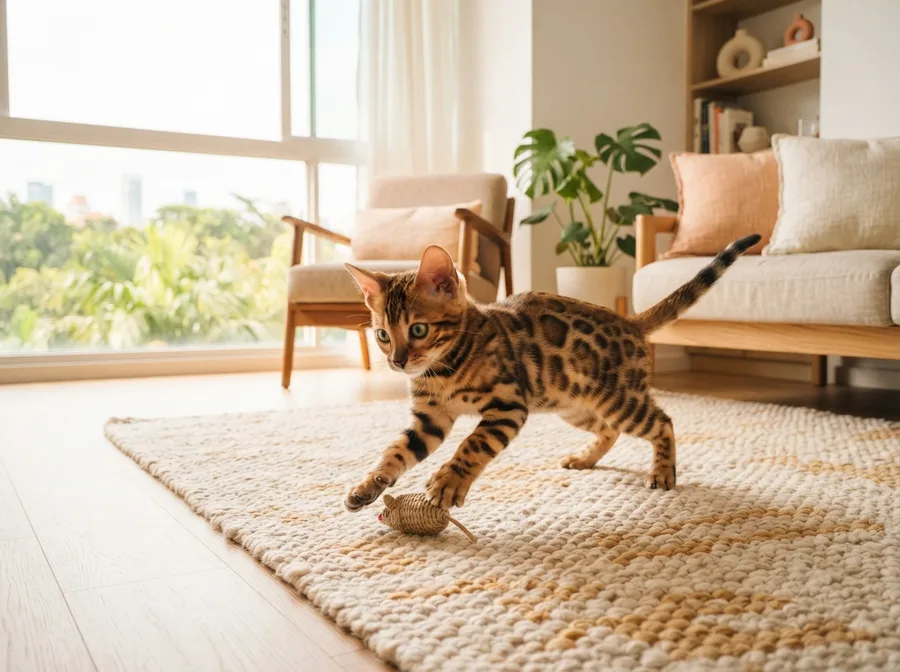 A Bengal kitten playing on a rug
