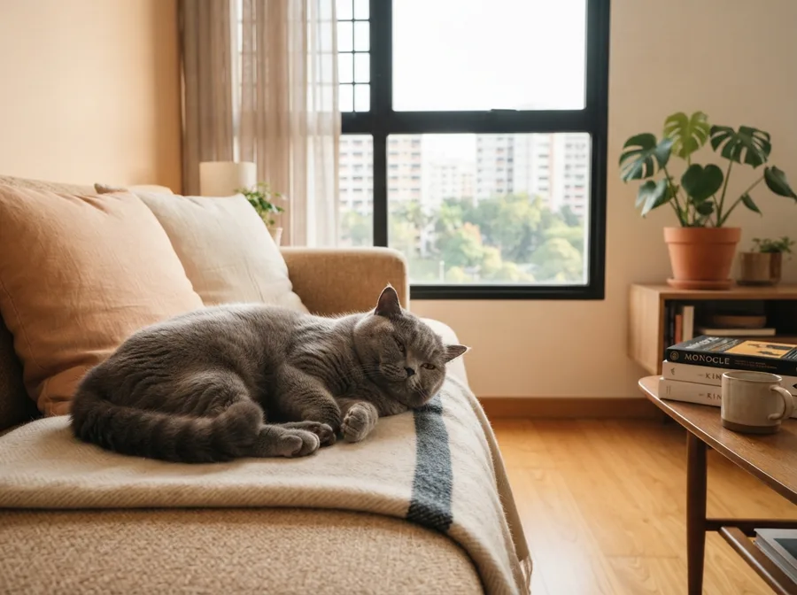 An adult British Longhair resting on a sofa by a window