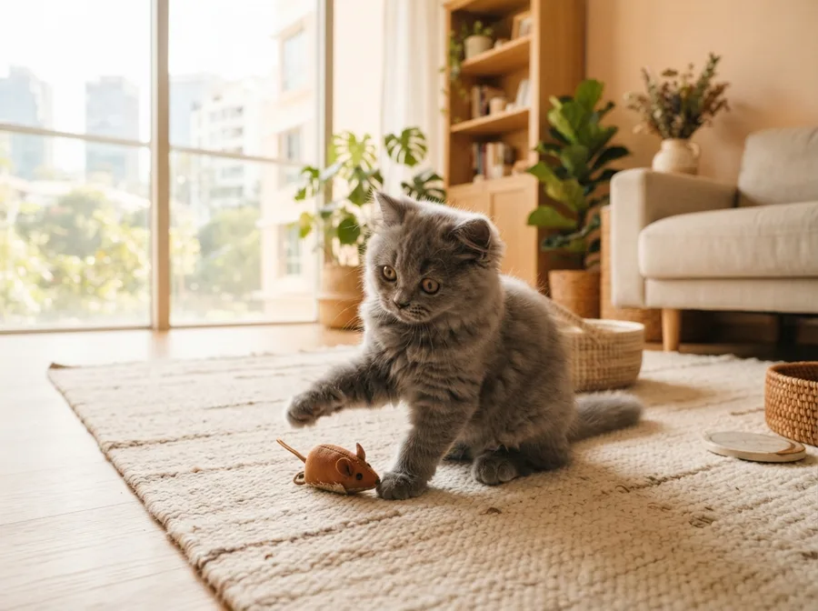 A British Longhair kitten playing on a rug