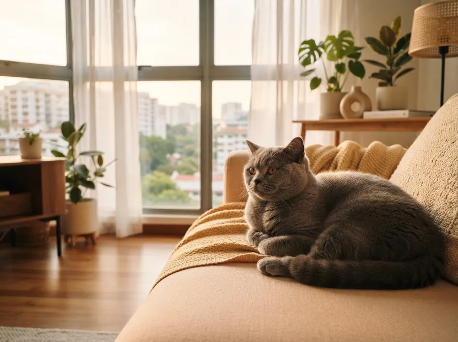 An adult British Shorthair resting on a sofa by a window
